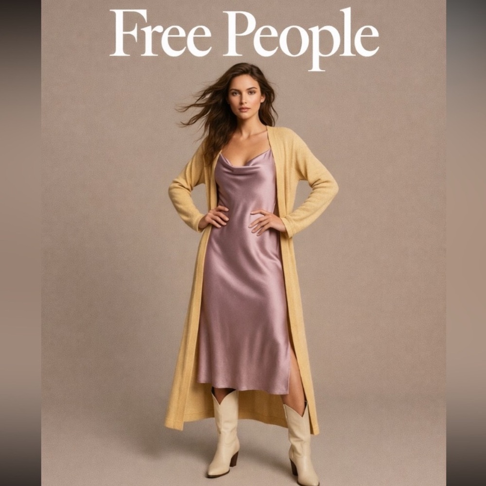 Free People Beach yellow long open front cardigan, size XL